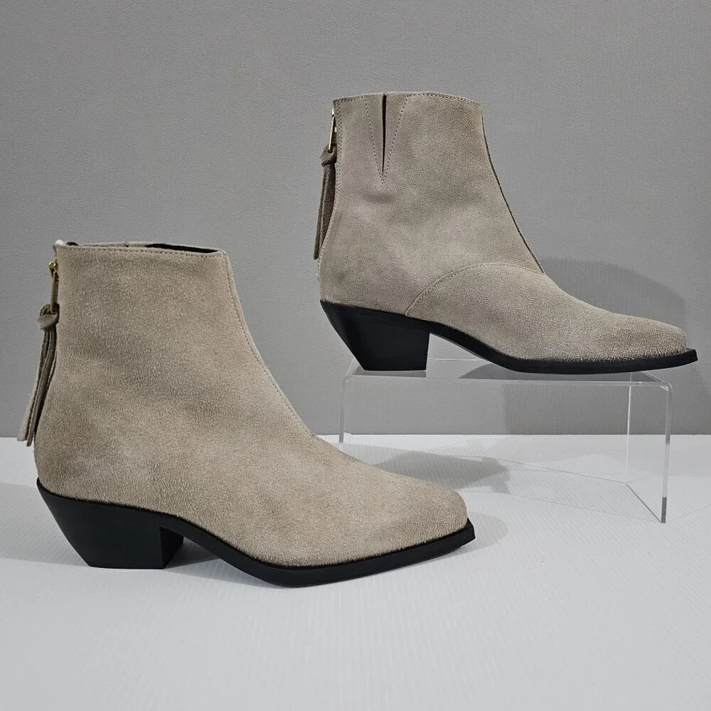 All Saints Lenora Goring Ankle Boot Women 7 Taupe Gray Suede Zip Up Low Heel NEW